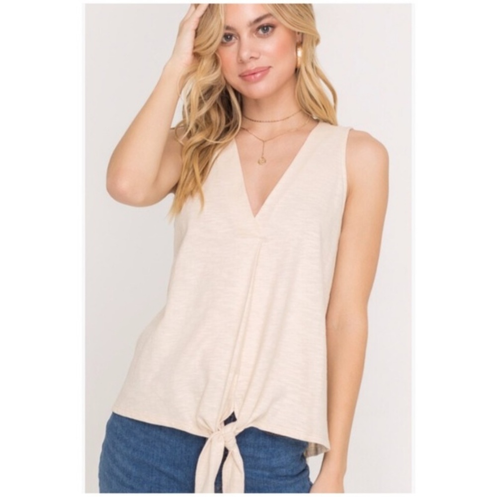 Genevieve Beige V Neck Tie Front Tank - Picture 3 of 4